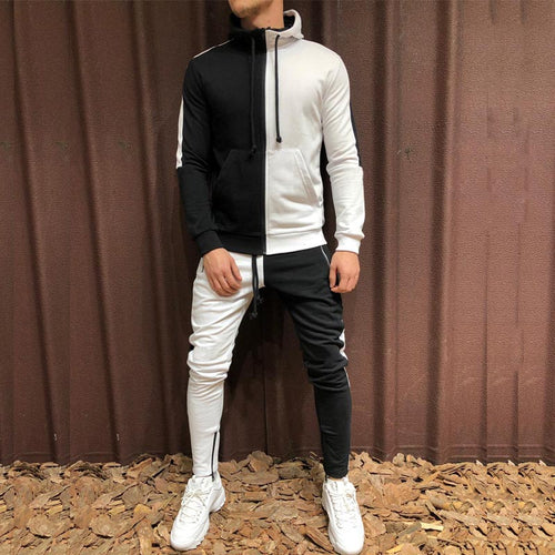 Two Pieces Set Men Half Black Half White Men's Sports Suit